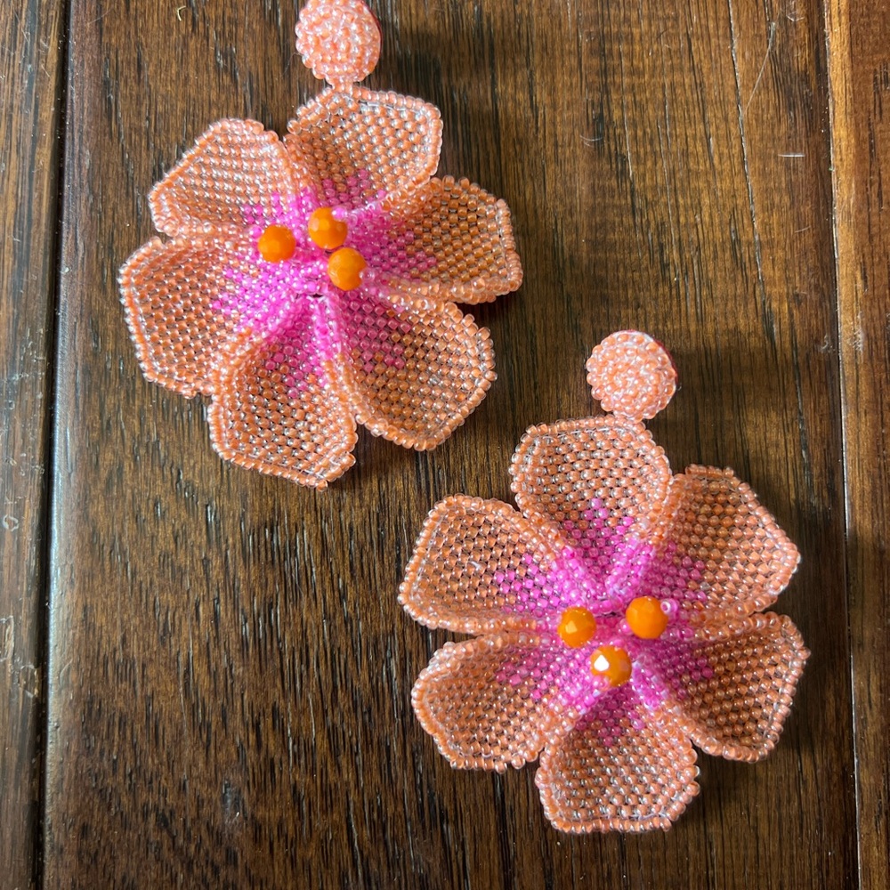 Noonday New Bloom Beaded Floral Earrings in Pink and Orange - Picture 3 of 9